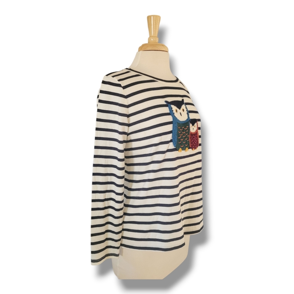 Talbots Round Neck, Owl Motif Striped Long Sleeve Black/White Stretch Top. MP - Picture 6 of 8